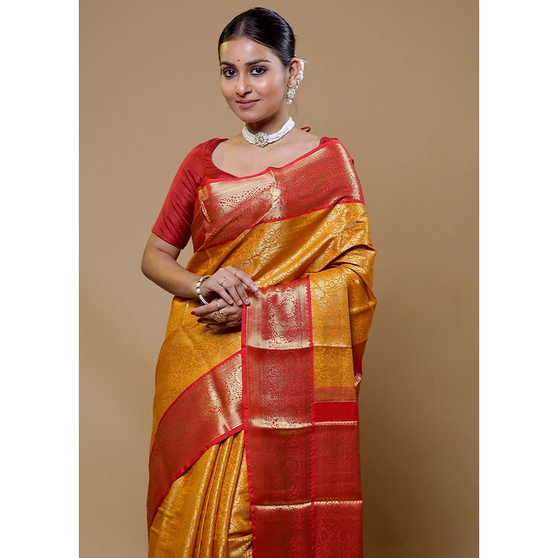 Yellow Kanjivaram Silk Saree With Blouse Piece - JD986610013