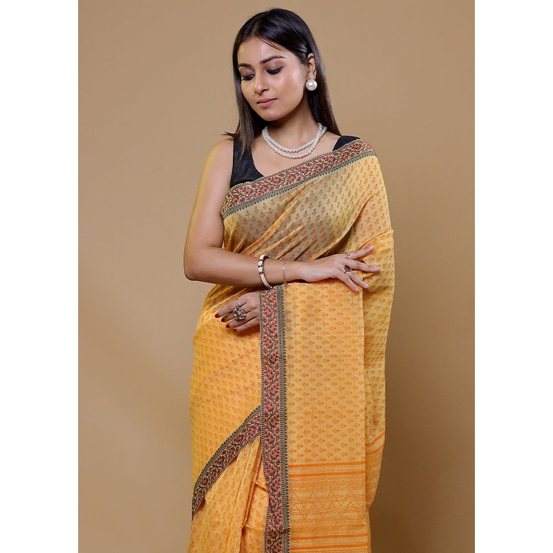 Yellow Kota Cotton Saree With Blouse Piece - JD986610012