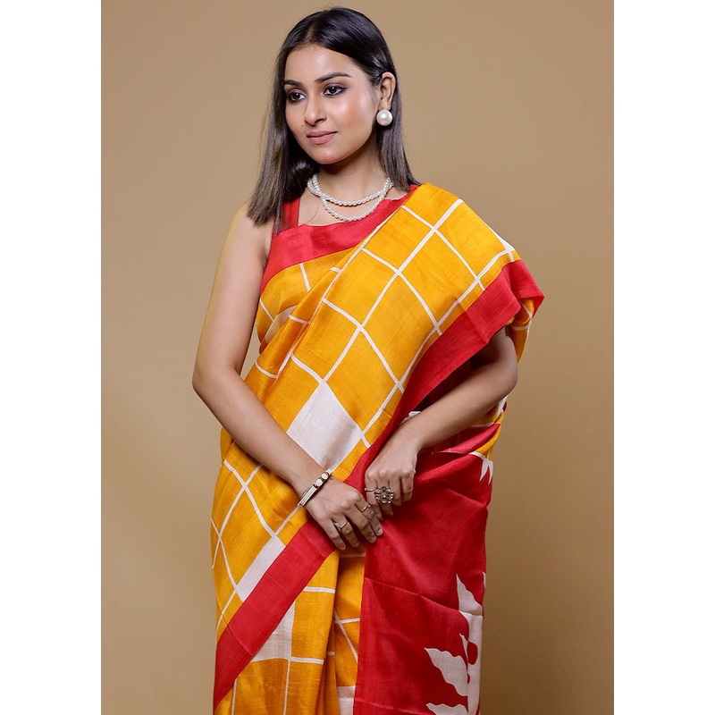 Yellow Printed Pure Silk Saree Without Blouse Piece - JD986610011