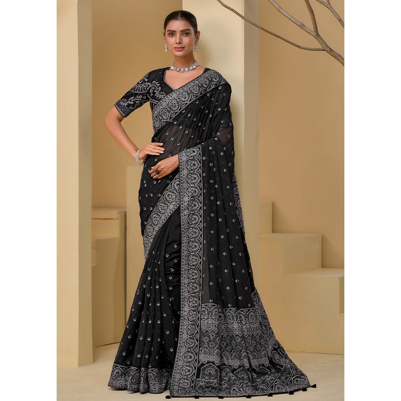 Black Banarasi Pure Silk Saree With Blouse Piece - JD986609910