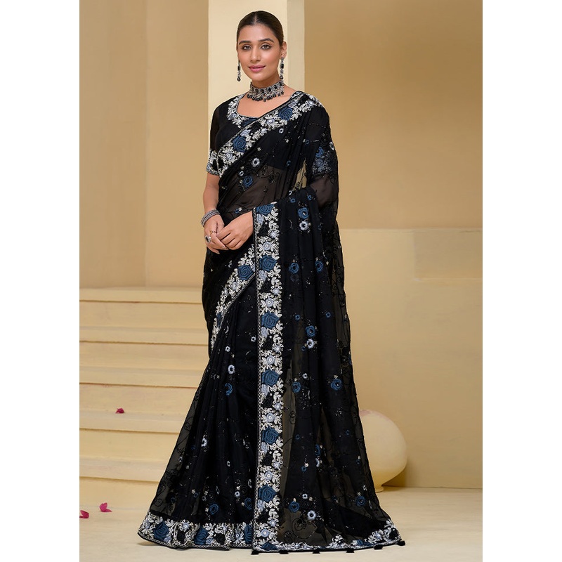 Black Banarasi Pure Silk Saree With Blouse Piece - JD986609911