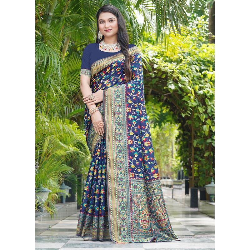 Blue Pasmina Silk Saree With Blouse Piece - JD986609908