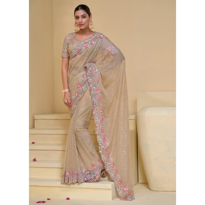 Cream Banarasi Pure Silk Saree With Blouse Piece - JD986609906