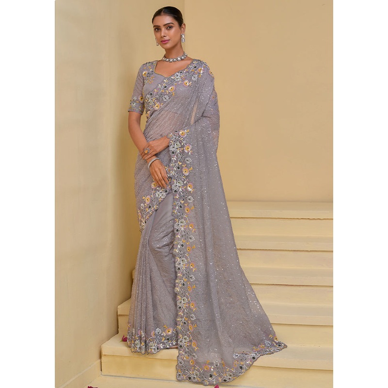 Grey Banarasi Pure Silk Saree With Blouse Piece - JD986609903