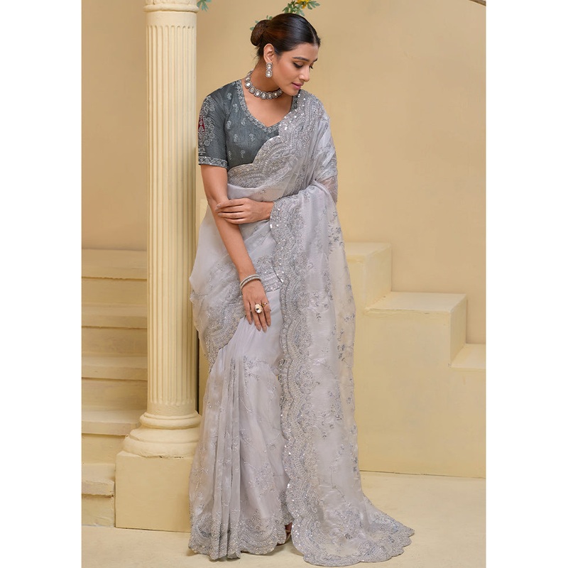 Grey Dupion Pure Silk Saree With Blouse Piece - JD986609901