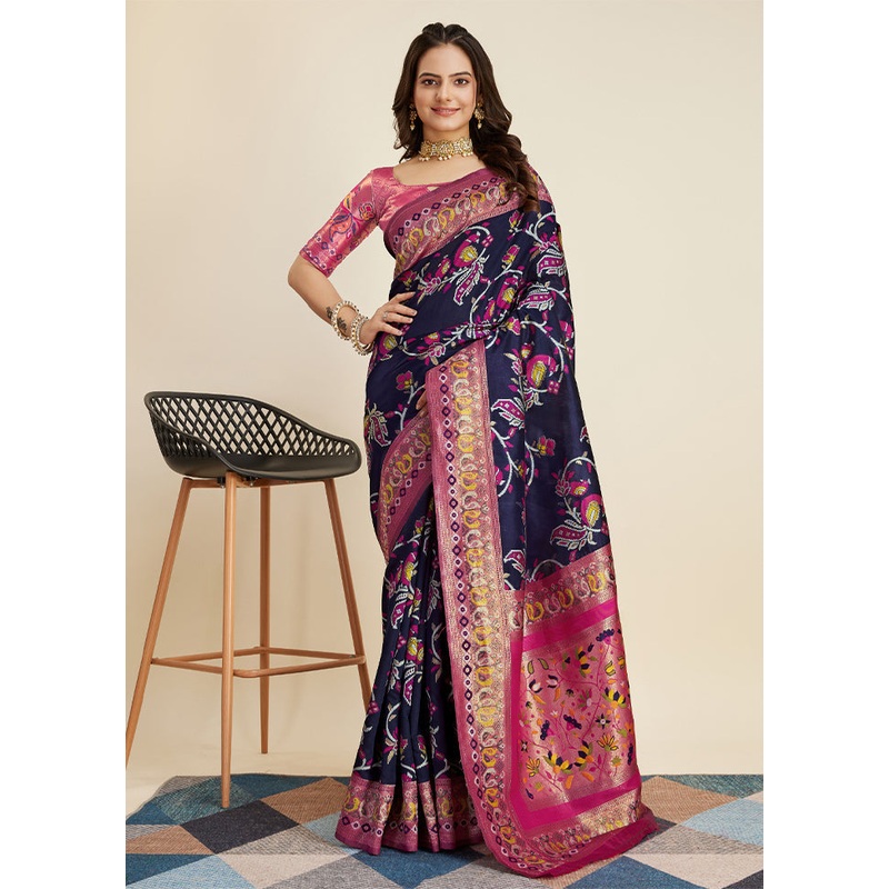 Navy Blue Banarasi Silk Saree With Blouse Piece - JD986609969
