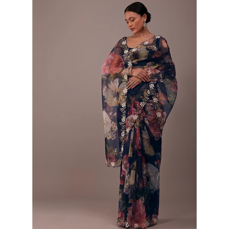Navy Blue Organza Saree With Blouse Piece - JD986609967