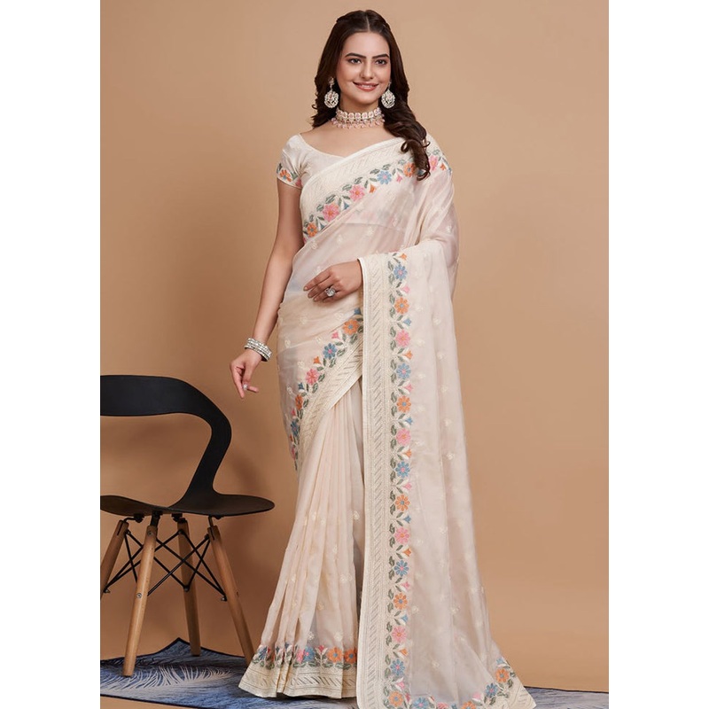 Off White Organza Saree With Blouse Piece - JD986609966