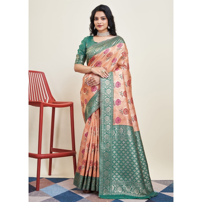 Peach Banarasi Silk Saree With Blouse Piece - JD986609965