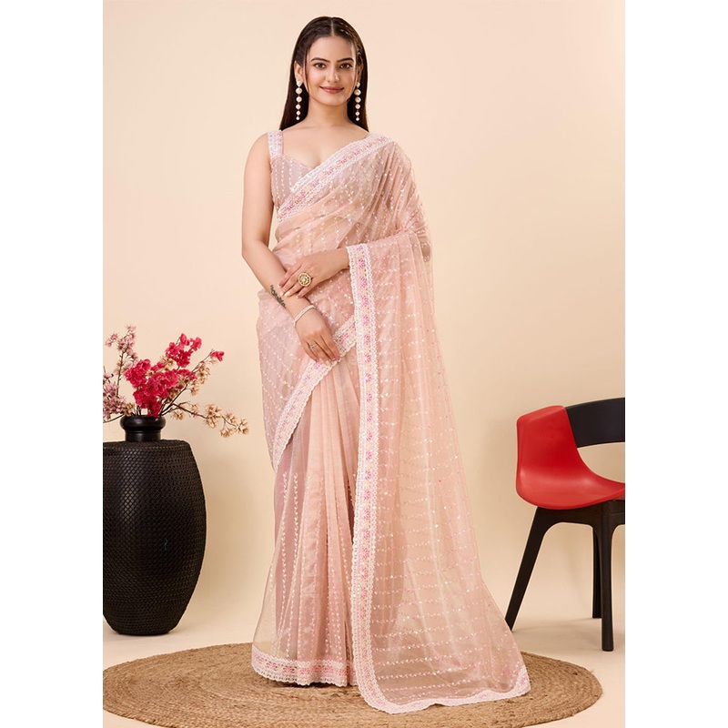 Peach Net Saree With Blouse Piece - JD986609960