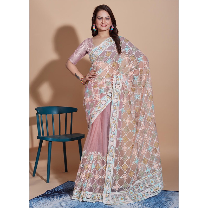 Peach Net Saree With Blouse Piece - JD986609961