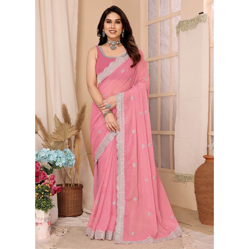 Pink Chiffon Silk Saree With Blouse Piece - JD986609958