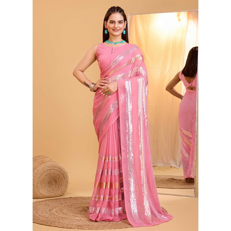 Pink Georgette Saree With Blouse Piece - JD986609955
