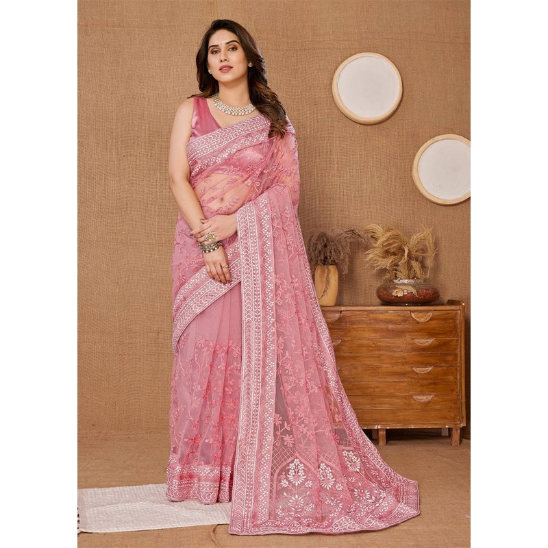 Pink Net Saree With Blouse Piece - JD986609951