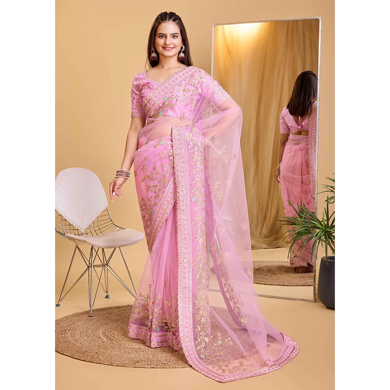 Pink Net Saree With Blouse Piece - JD986609952