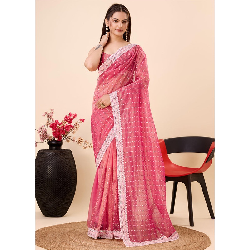Pink Net Saree With Blouse Piece - JD986609953