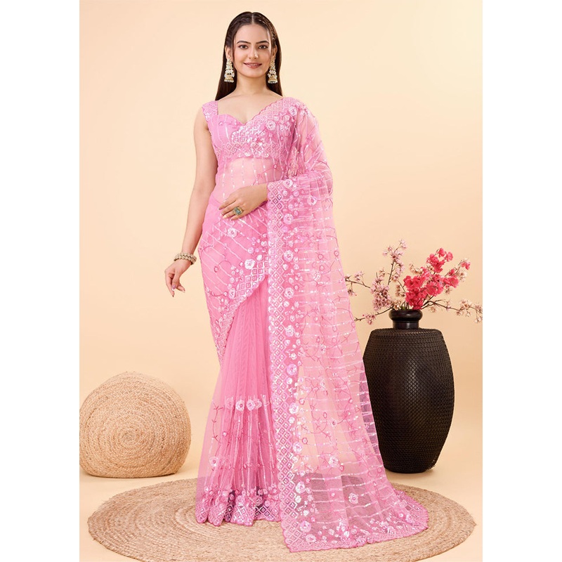 Pink Net Saree With Blouse Piece - JD986609954