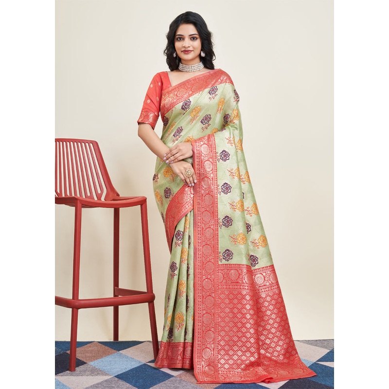 Pista Green Banarasi Silk Saree With Blouse Piece - JD986609950