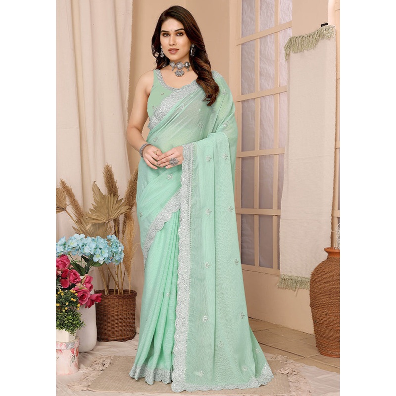 Pista Green Chiffon Silk Saree With Blouse Piece - JD986609949