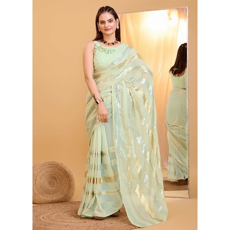 Pista Green Georgette Saree With Blouse Piece - JD986609947