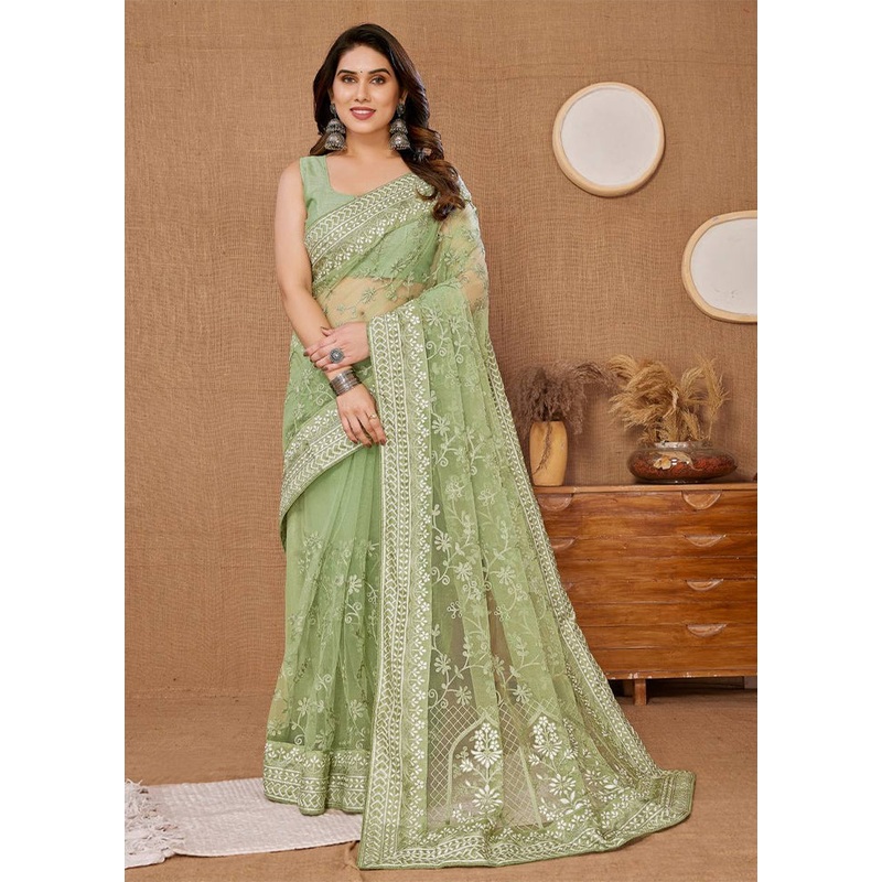 Pista Green Net Saree With Blouse Piece - JD986609942