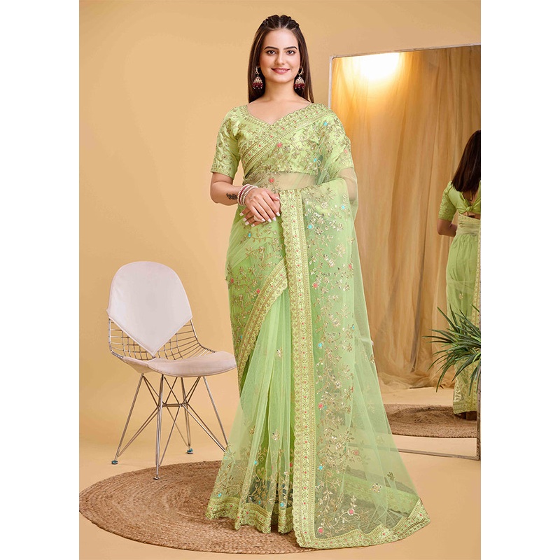 Pista Green Net Saree With Blouse Piece - JD986609943
