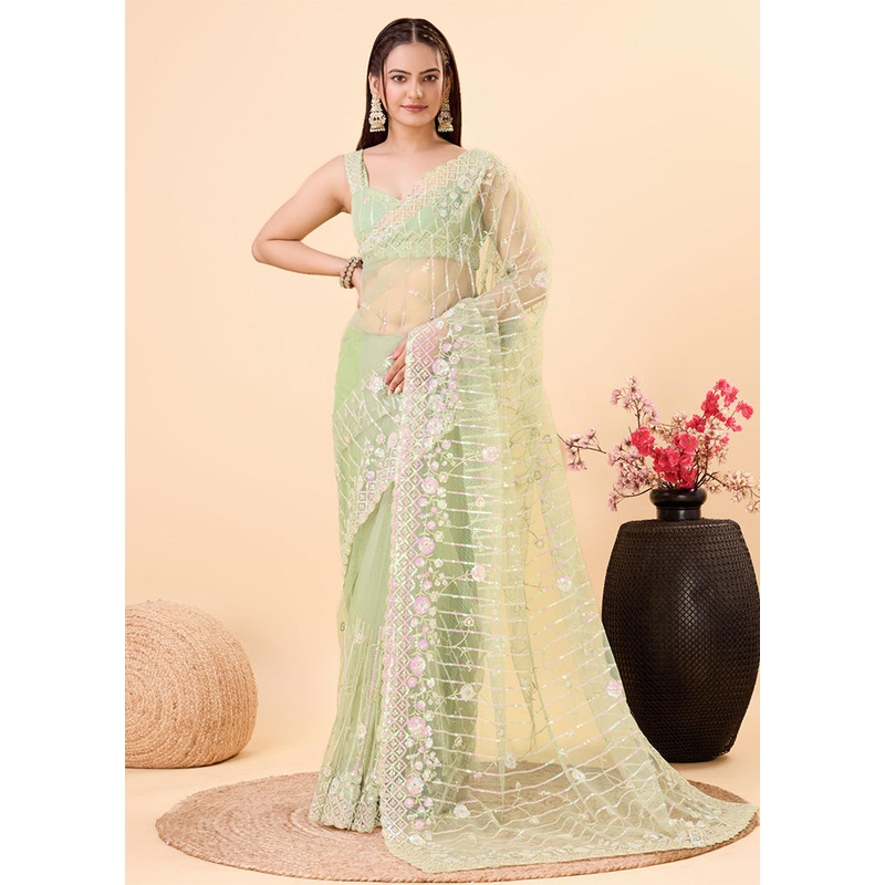 Pista Green Net Saree With Blouse Piece - JD986609944