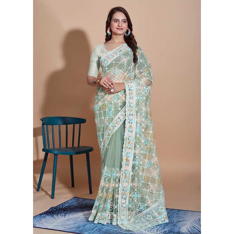 Pista Green Net Saree With Blouse Piece - JD986609945