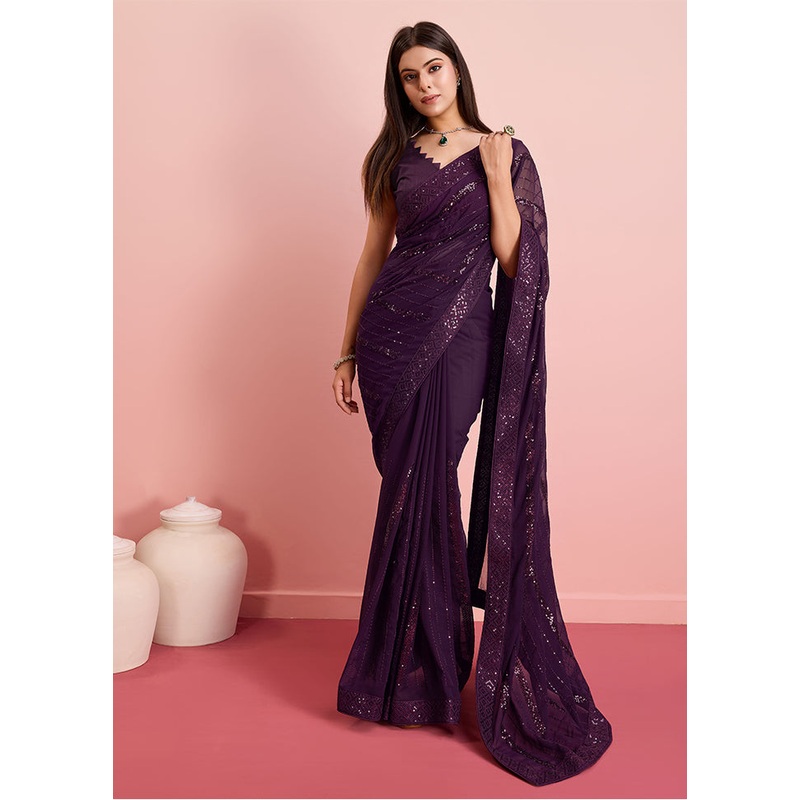 Purple Georgette Saree With Blouse Piece - JD986609939