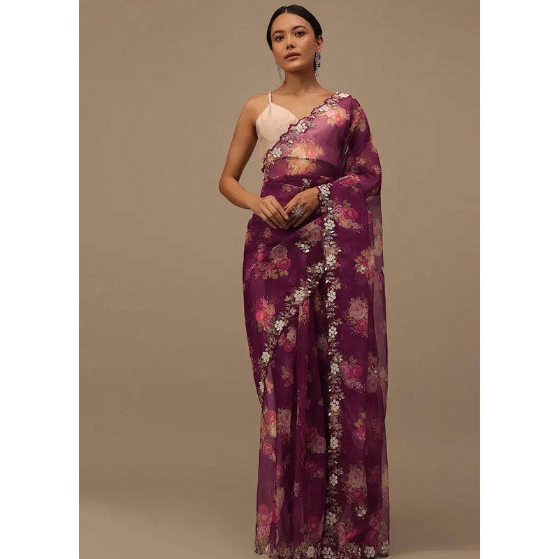 Purple Organza Saree With Blouse Piece - JD986609938