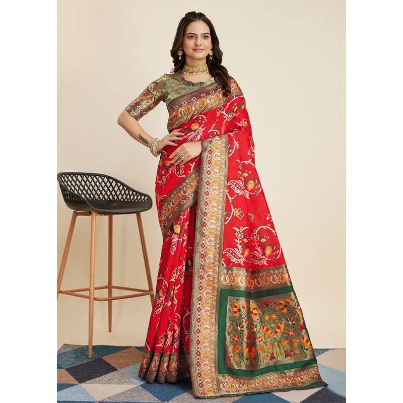 Red Banarasi Silk Saree With Blouse Piece - JD986609934