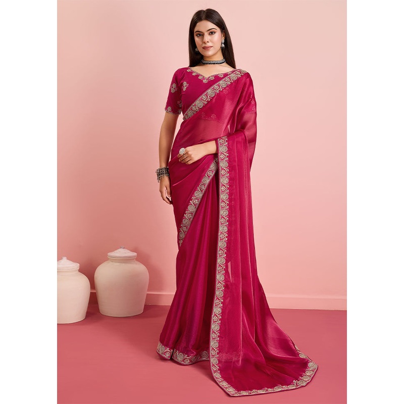 Red Dupion Silk Saree With Blouse Piece - JD986609933