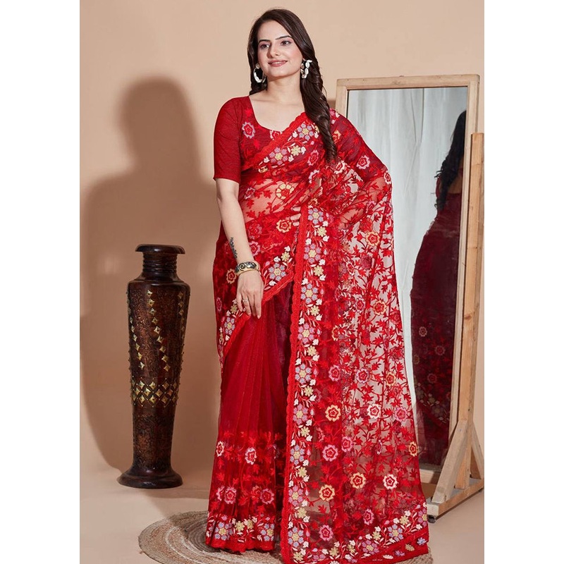 Red Net Saree With Blouse Piece - JD986609930