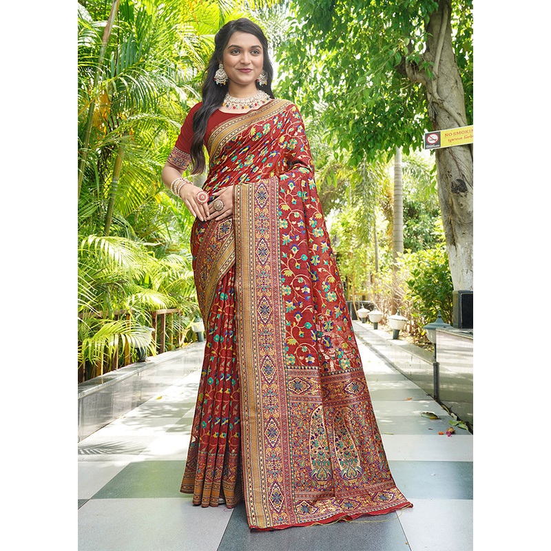Red Pasmina Silk Saree With Blouse Piece - JD986609893