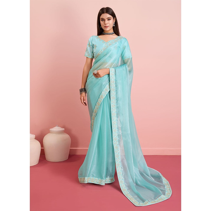 Sea Blue Dupion Silk Saree With Blouse Piece - JD986609929