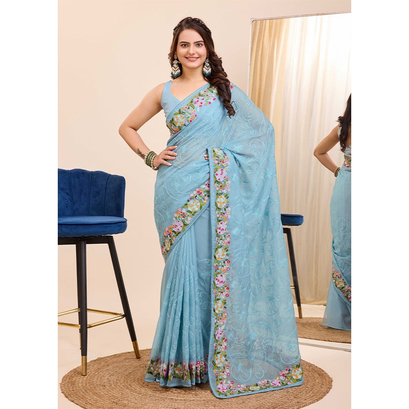 Sky Blue Dupion Silk Saree With Blouse Piece - JD986609928