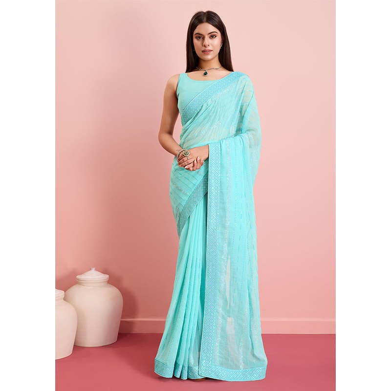 Sky Blue Georgette Saree With Blouse Piece - JD986609925