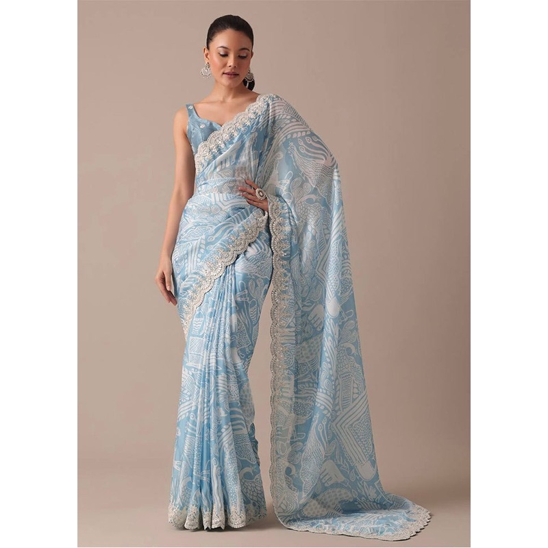 Sky Blue Georgette Saree With Blouse Piece - JD986609926