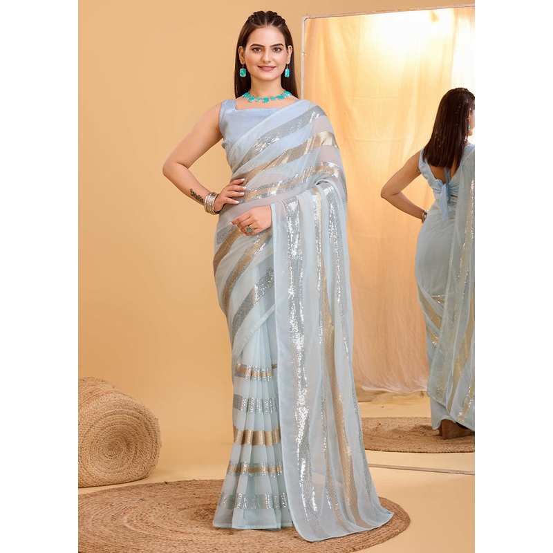 Sky Blue Georgette Saree With Blouse Piece - JD986609927