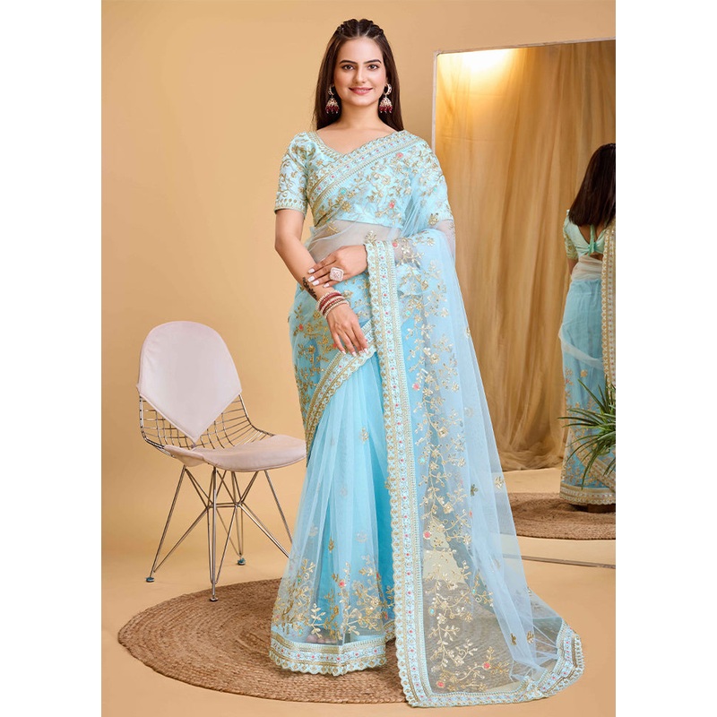 Sky Blue Net Saree With Blouse Piece - JD986609922