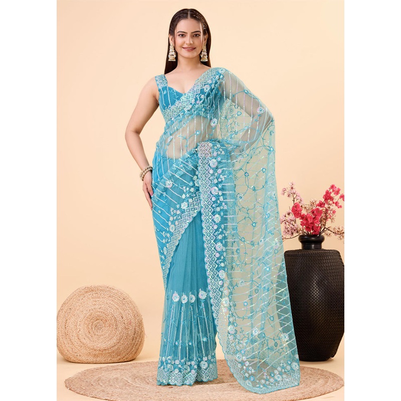 Sky Blue Net Saree With Blouse Piece - JD986609923