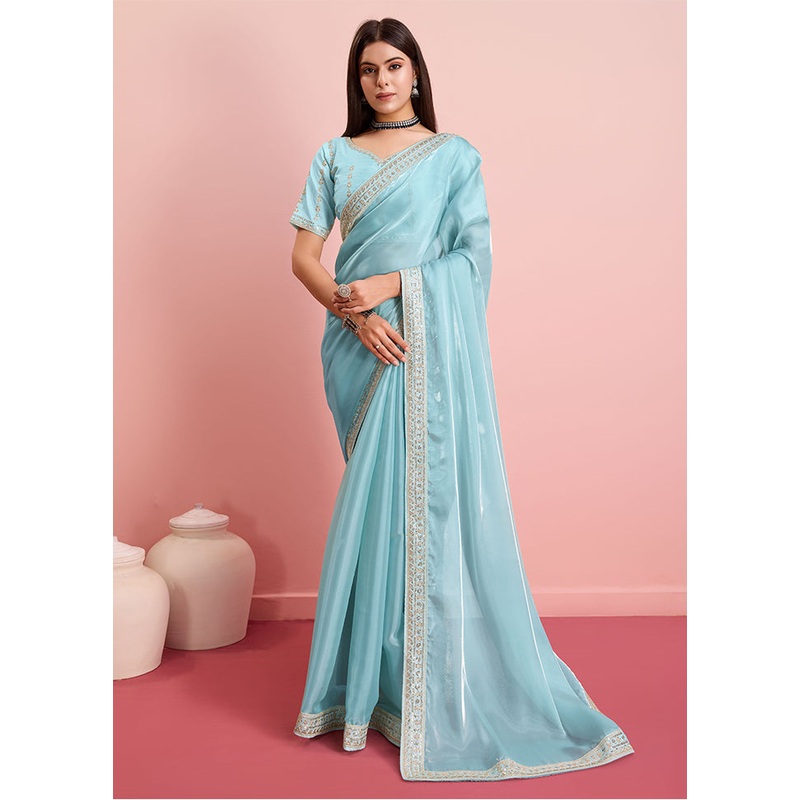 Sky Blue Silk Saree With Blouse Piece - JD986609924