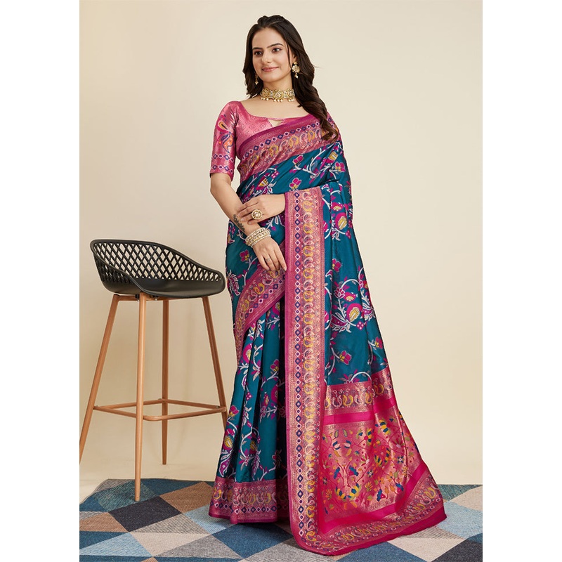 Teal Banarasi Silk Saree With Blouse Piece - JD986609921