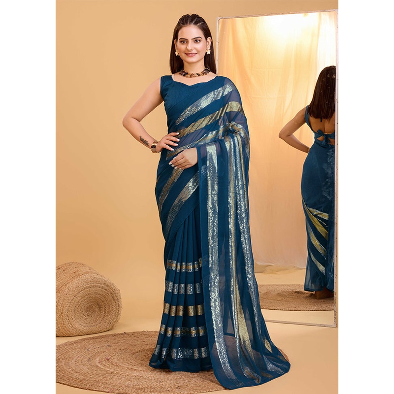 Teal Georgette Saree With Blouse Piece - JD986609920