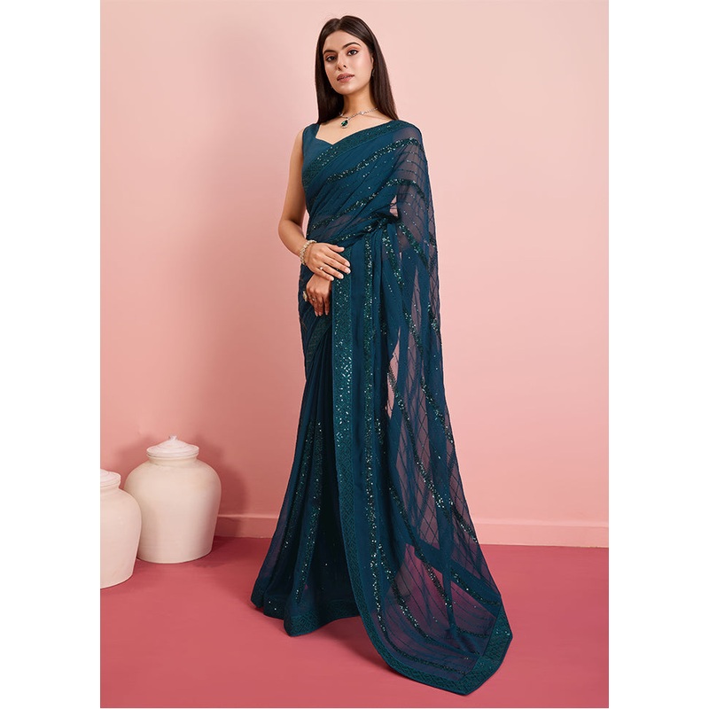 Teal Green Georgette Saree With Blouse Piece - JD986609919