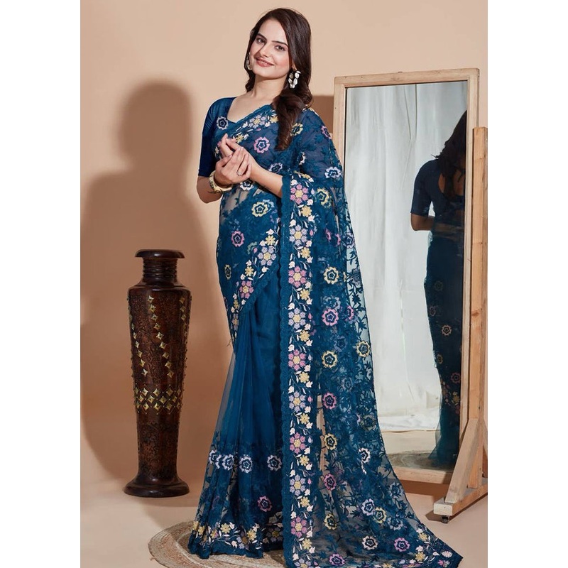 Teal Net Saree With Blouse Piece - JD986609918