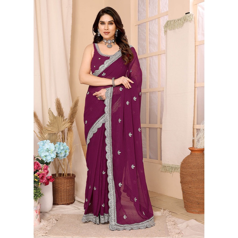 Wine Chiffon Silk Saree With Blouse Piece - JD986609917