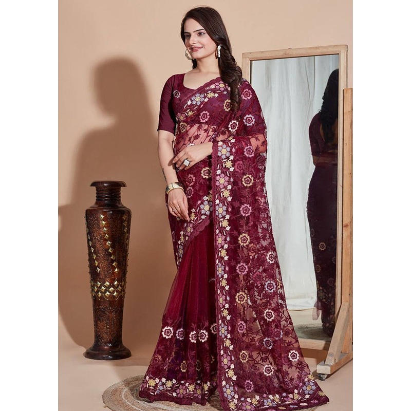 Wine Net Saree With Blouse Piece - JD986609914