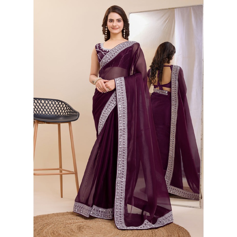 Wine Silk Saree With Blouse Piece - JD986609915