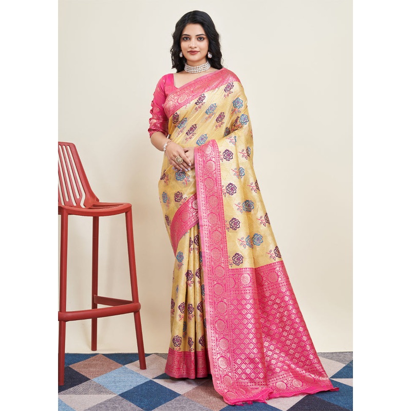 Yellow Banarasi Silk Saree With Blouse Piece - JD986609913
